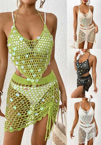 Women’s Holiday Beach Set Sequin Patchwork Crochet Bikini Cover Up