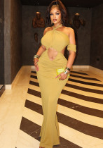Chic Women’s Halter Neck Mermaid Dress Solid Color Cutout Long Gown