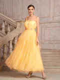 Women yellow suspender Strapless diamond irregular mesh elegant dinner dress