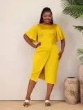 Women Summer Solid Career Ruffle Sleeve Dress