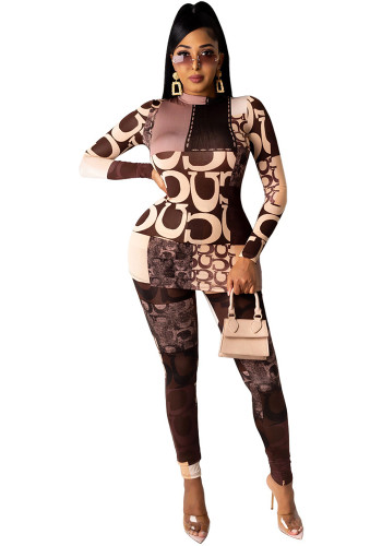 Women high collar letter print top and Pants two-piece set