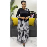 Plus Size African Women Casual Elegant Top and Printed Skirt Two-Piece Set