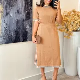 Women Summer Short Sleeve Slit Solid Dress