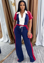 Women Patchwork Turndown Collar Zipper Drawstring Short Sleeve Top and Long Pants two-piece set