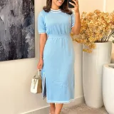 Women Summer Short Sleeve Slit Solid Dress