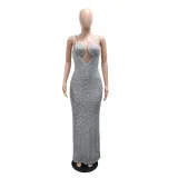 Women Sexy V-Neck See-Through Scalloped Sequin Strap Dress