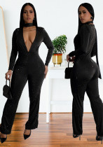 Women Sexy V-neck Long Sleeve Beaded Jumpsuit