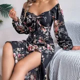 Women Spring and Summer Sexy Tie Knot Flower Long Sleeve Slit Dress
