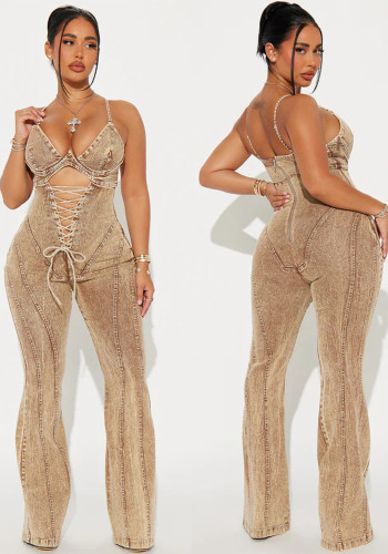 Women Hollow Lace-Up Denim Jumpsuit