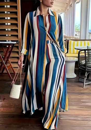 Plus Size Women autumn button long sleeve top and pants two-piece set
