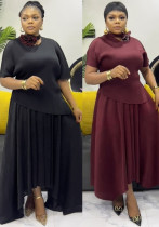 Plus Size African Women Pleated Elegant Casual Top and Skirt Two-Piece Set