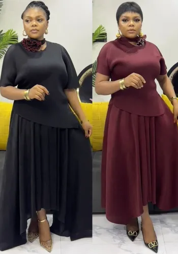 Plus Size African Women Pleated Elegant Casual Top and Skirt Two-Piece Set
