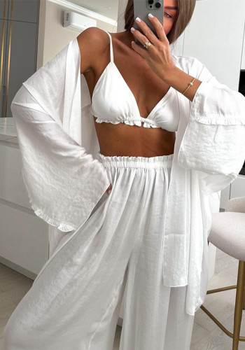 Women Sexy Ruffled Tank Top Long Sleeve Wide Leg Pants Three-Piece