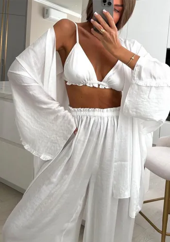 Women Sexy Ruffled Tank Top Long Sleeve Wide Leg Pants Three-Piece