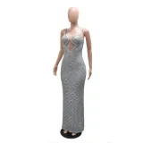 Women Sexy V-Neck See-Through Scalloped Sequin Strap Dress