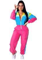 Women patchwork contrast color zipper jumpsuit