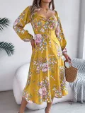 Women Spring and Summer Sexy Tie Knot Flower Long Sleeve Slit Dress