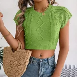 Women Spring and Summer Casual Solid Short Sleeve Knitting Holidays Crop Top
