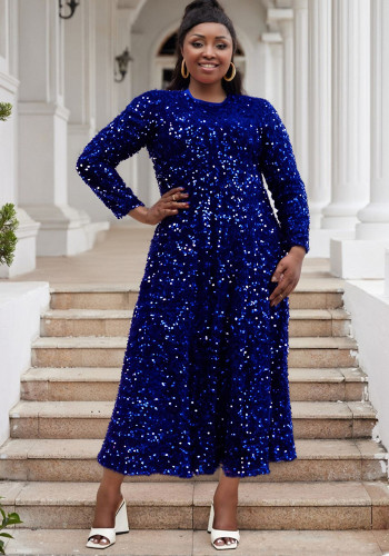 Women Round Neck Long Sleeve Solid Sequin Maxi Dress