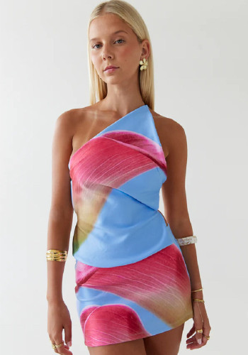 Women Backless Printed Top and Skirt Two-piece Set
