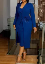 Women elegant stretchy flower pearl beaded bodycon blazer and dress two-piece set