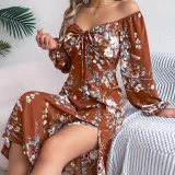 Women Spring and Summer Sexy Tie Knot Flower Long Sleeve Slit Dress