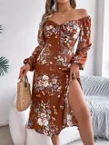 Women Spring and Summer Sexy Tie Knot Flower Long Sleeve Slit Dress
