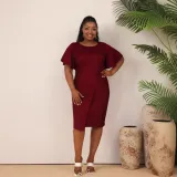 Women Summer Solid Career Ruffle Sleeve Dress