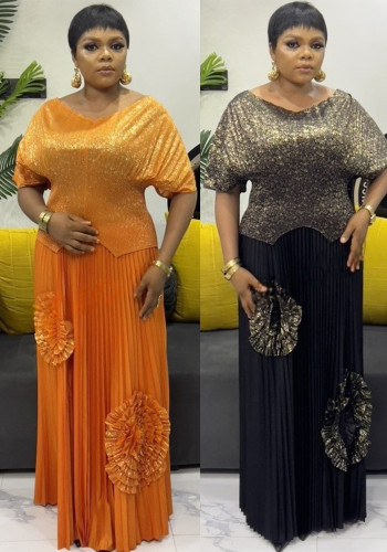 Plus Size African Women Casual Pleated Top and Skirt Two-Piece Set
