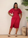 Women Summer Solid Career Ruffle Sleeve Dress