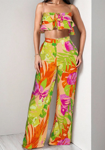 Plus Size Women Spring Printed Casual Suspender Ruffle Top and Pants Two-piece set