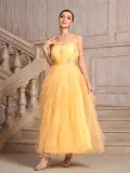 Women yellow suspender Strapless diamond irregular mesh elegant dinner dress