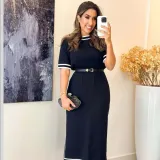 Women Summer Short Sleeve Slit Solid Dress