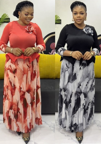 Plus Size African Women Casual Elegant Top and Printed Skirt Two-Piece Set
