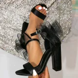 Women Summer Sexy Mesh Bowknot Chunky Heeled High Heeled Sandals