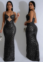 Women Sexy V-Neck See-Through Scalloped Sequin Strap Dress
