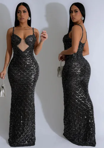 Women Sexy V-Neck See-Through Scalloped Sequin Strap Dress