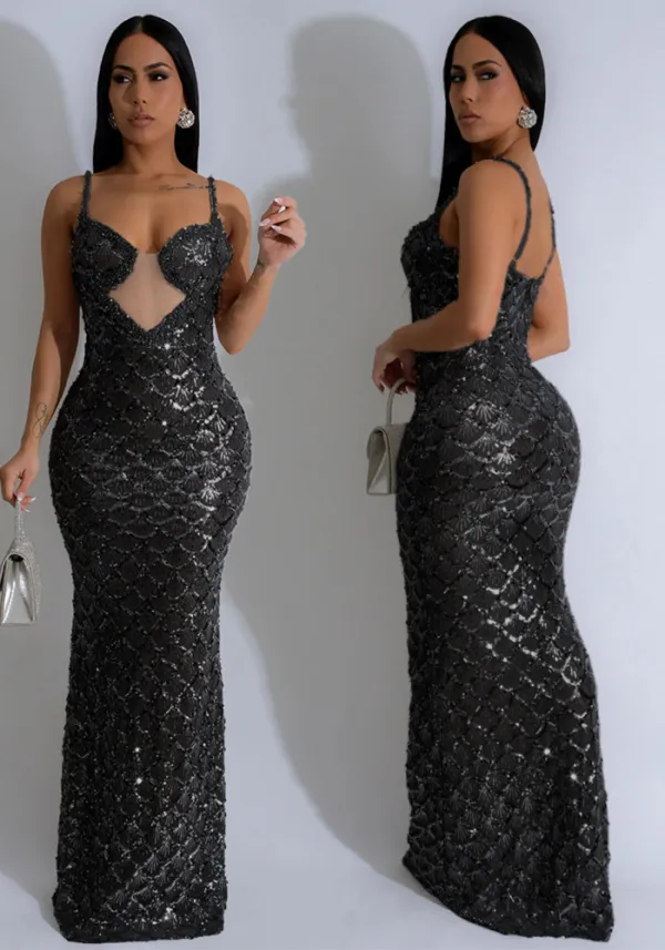 Women Sexy V-Neck See-Through Scalloped Sequin Strap Dress