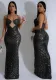 Women Sexy V-Neck See-Through Scalloped Sequin Strap Dress