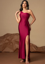 Women sleeveless one-shoulder sexy slit evening dress