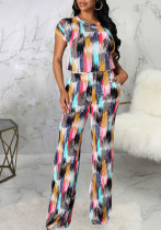 Women summer sexy print striped T-shirt and Pants two-piece set