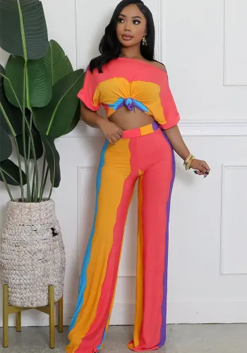 African Print Plus Size Casual Multi-Color Wide Neck Short-Sleeve Two-Piece Pants Set