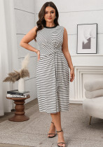 Women's Spring/Summer Plus Size High-Waist Round Neck Loose Striped Casual Dress