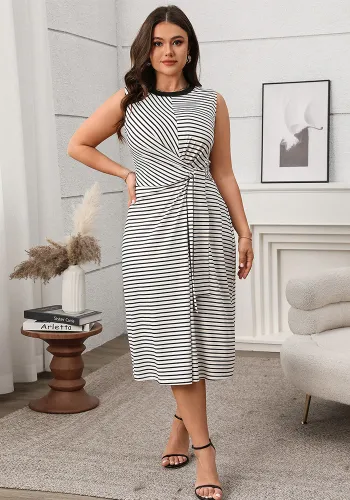 Women's Spring/Summer Plus Size High-Waist Round Neck Loose Striped Casual Dress