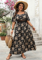 Spring Square Neck Print Plus Size Short-Sleeve Dress