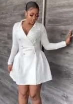 Solid Color Turndown Collar Long-Sleeve Blazer Dress