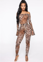 Fashionable and Sexy Mesh Leopard Print Bodysuit Slim Pants Two-Piece Set for Women