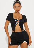 Women Spring Bowknot Hollow Crop Top and Skirt Two Piece Set