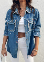 Women Beaded Contrast Denim Long Sleeve Jacket