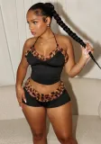 Women Sexy Lace Leopard Patchwork Crop Top and Shorts Two Piece Set